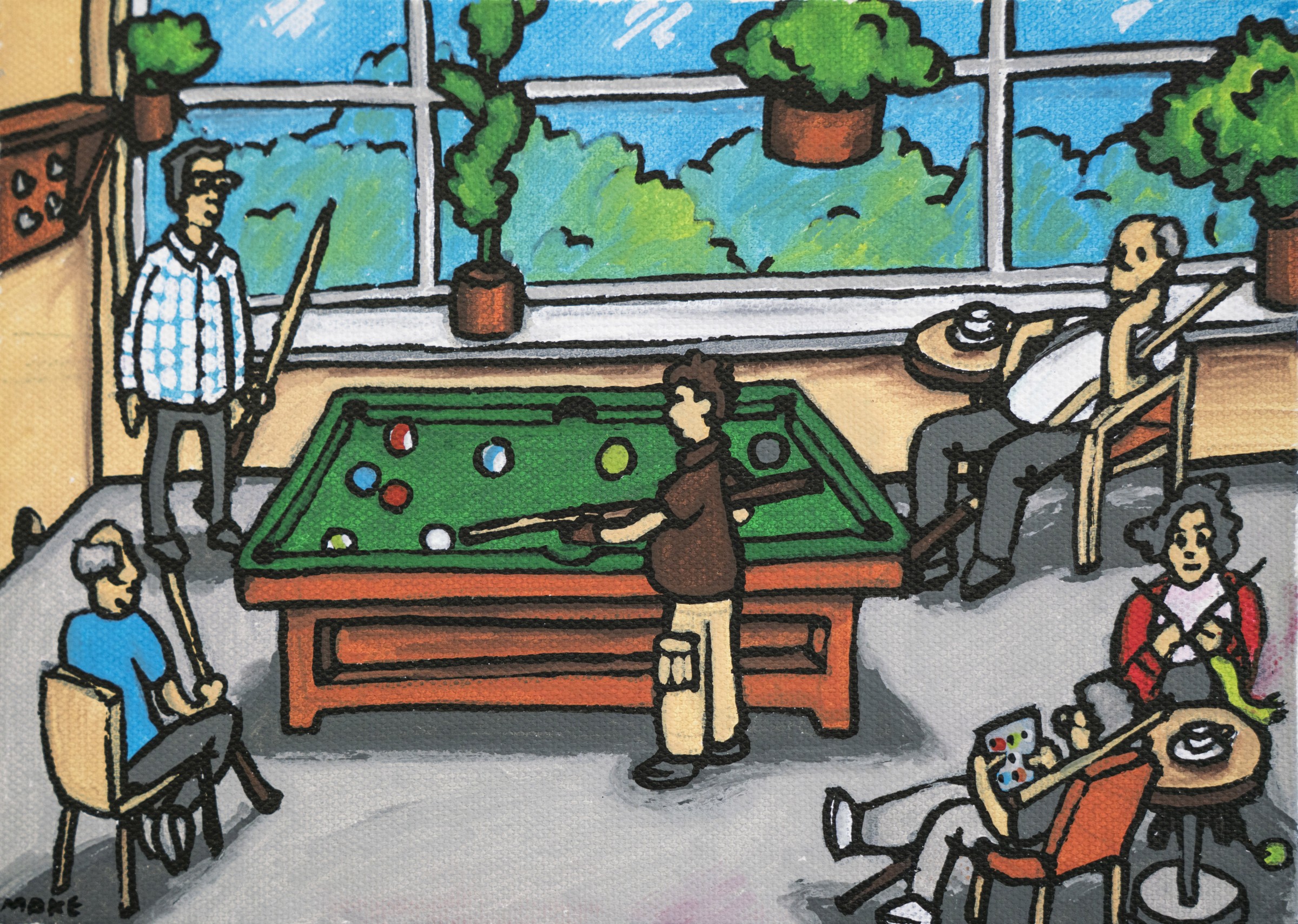 Partizaning, painting of pool playing at Saunabaari by Anton Polskiy