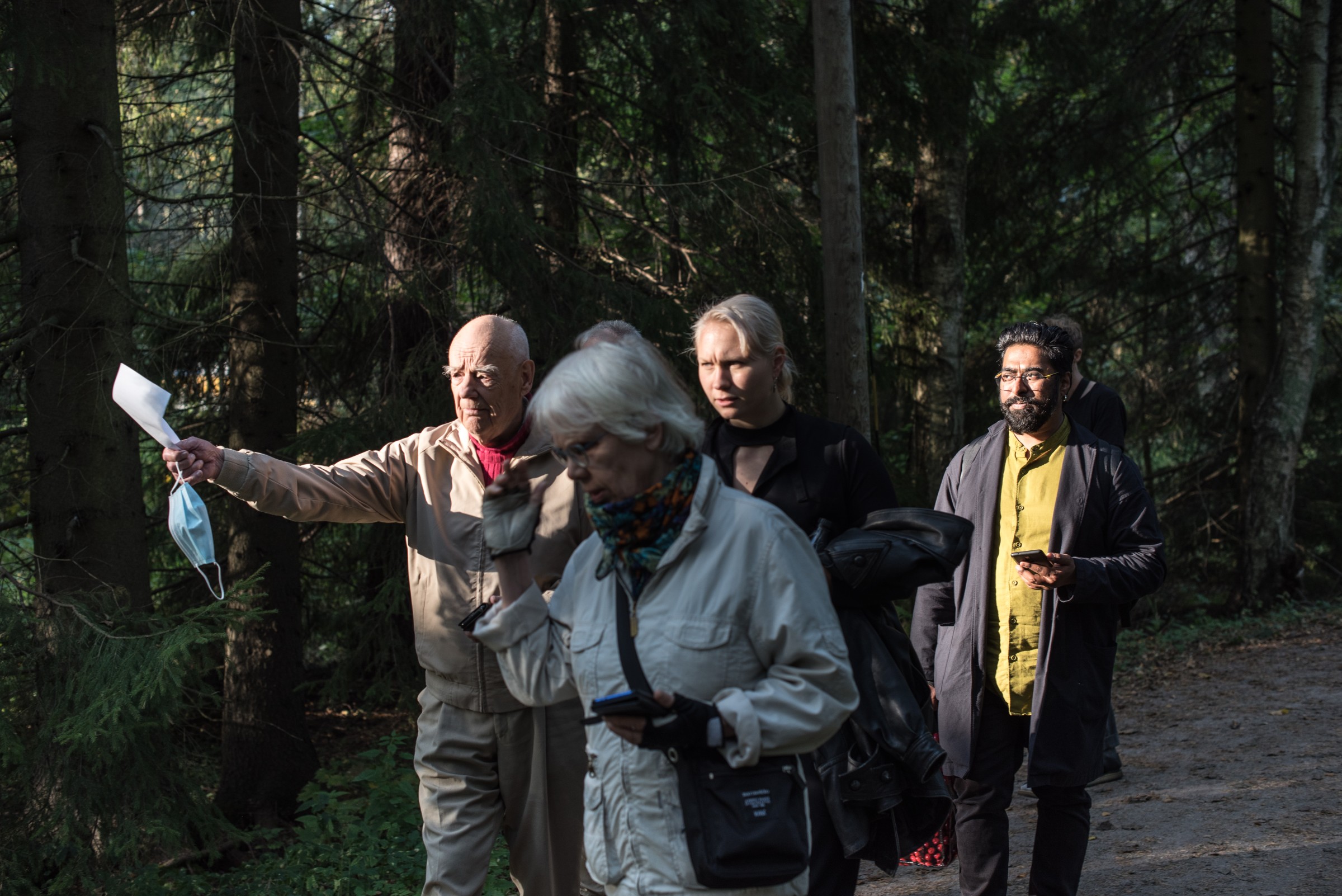Central Park sound walk, participants on forest path