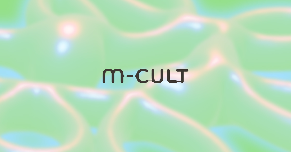 M-Cult logo on a soft green background, with dashed of peach and pale blue.