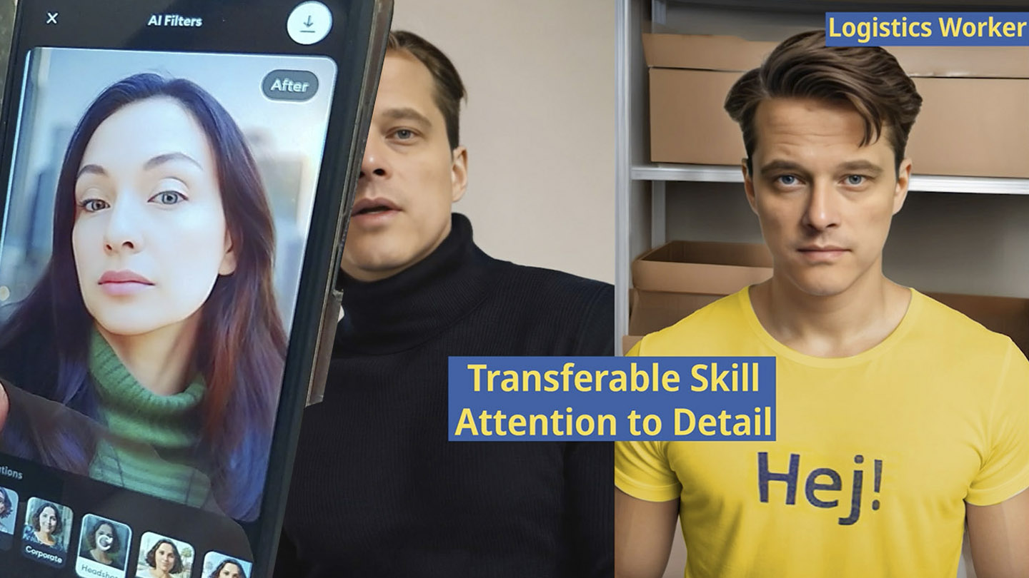 Split-image showing two scenarios. On the left, a light-skinned person in a dark sweater is holding a smartphone displaying an AI filter applied to a woman's face, enhancing her features. The woman on the screen is also light-skinned. On the right, the same light-skinned person is depicted as created by AI, wearing a yellow shirt with the text 'Hej!' while standing in front of shelves filled with cardboard boxes. The image includes text that reads 'Logistics Worker' and 'Transferable Skill: Attention to Detail.